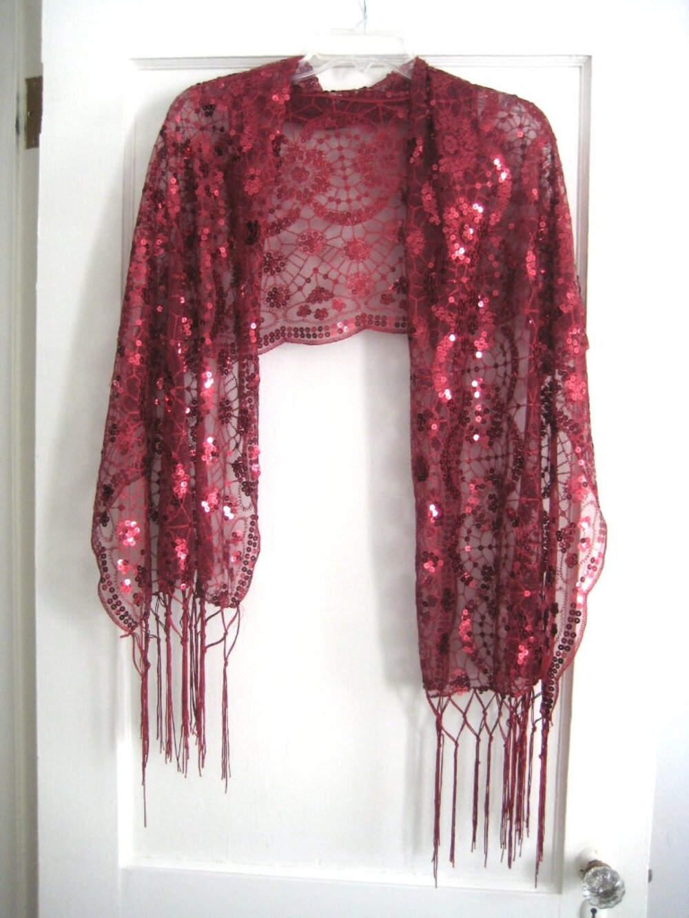 CRANBERRY RED SEQUINS ON LACY SIMONETTA SCARF 20" X 60" w/8" FRINGE